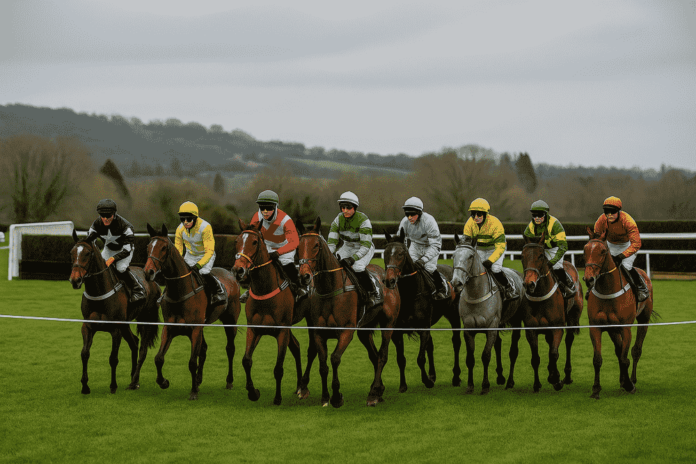 Jockeys lined up at the start of a National Hunt jump race, representing the 2025/26 jumps season