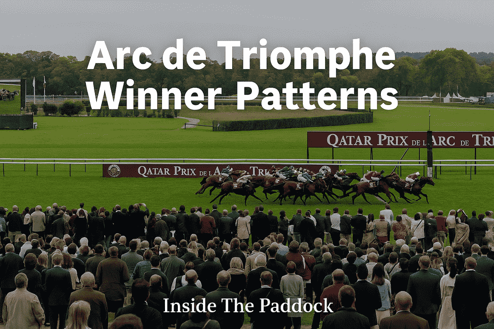 View from the grandstand of the Prix de l’Arc de Triomphe at Longchamp, with racehorses in action and overlay text Arc de Triomphe Winner Patterns