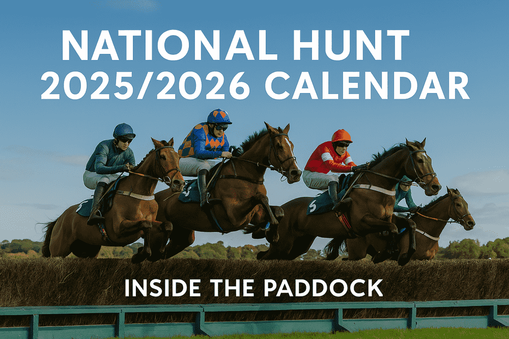 Racehorses and jockeys jumping a fence during a National Hunt steeplechase, with text National Hunt 2025/2026 Calendar