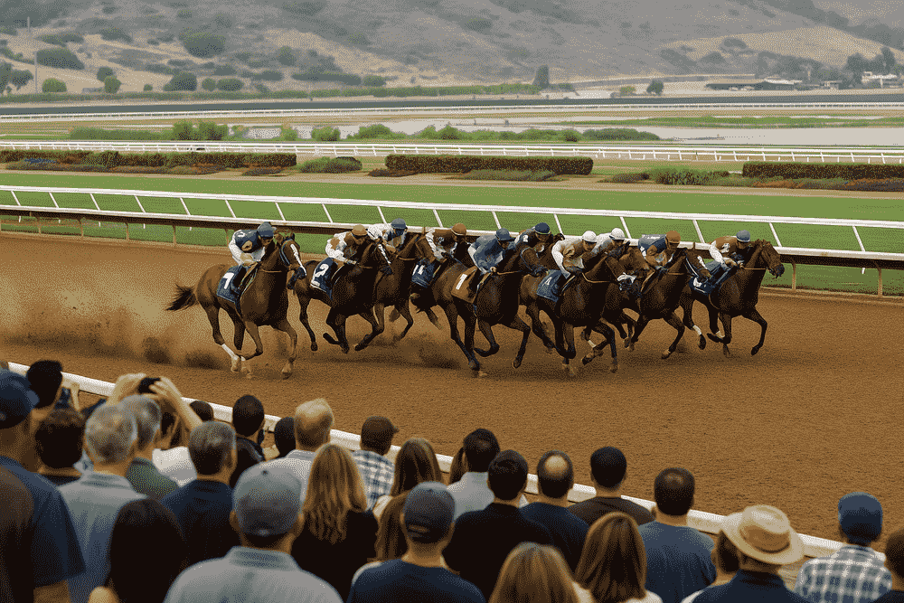 Spectators watching horses race on the dirt track at Del Mar during the Breeders Cup Classic 2025, with jockeys turning the first corner under an overcast sky.