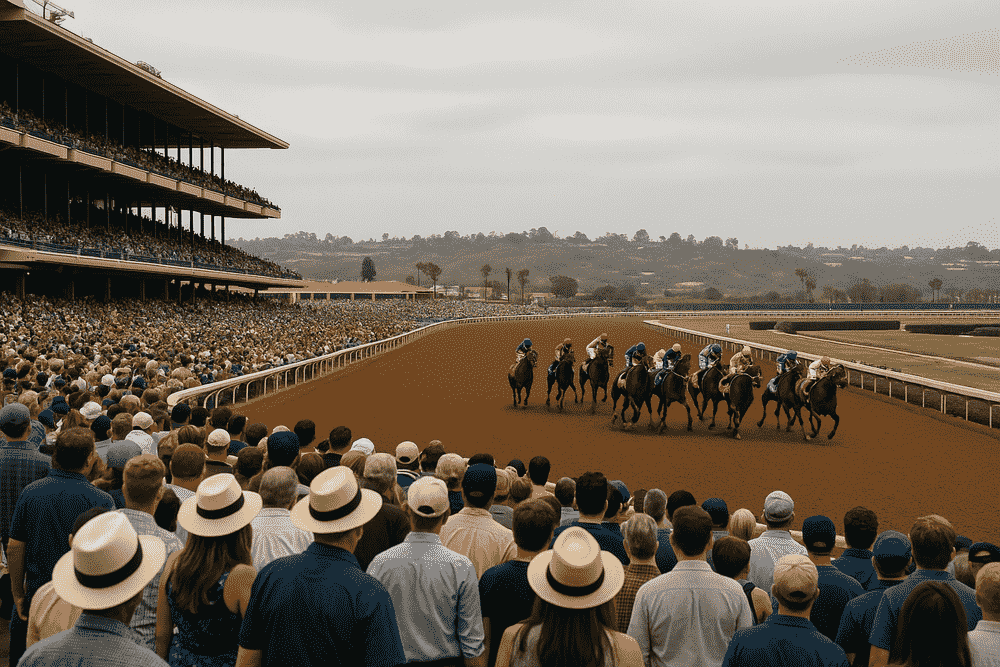Horses racing toward the first turn at the Breeders Cup Classic 2025, seen from the grandstand with a full crowd at Del Mar Racetrack under cloudy skies.