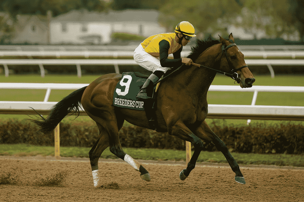 A single racehorse galloping on the dirt surface during the Breeders Cup Classic 2025 at Del Mar, ridden by a jockey in yellow and orange silks pushing forward toward the finish line.