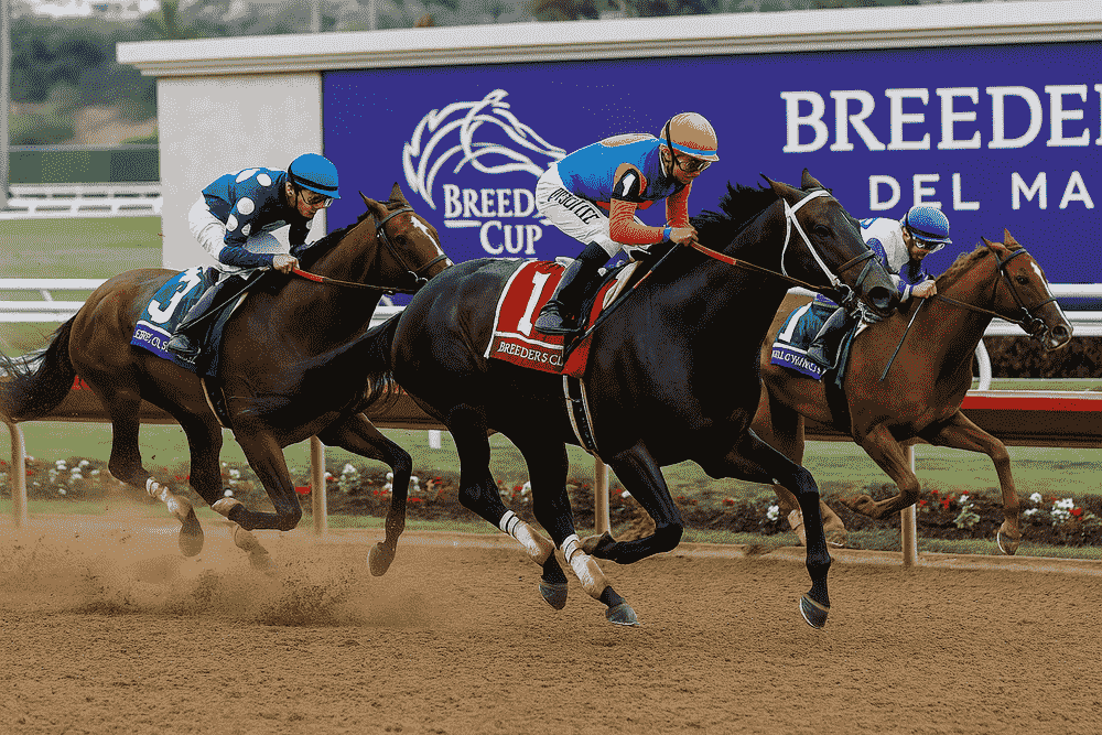 Three racehorses battling for the lead on the dirt surface at Del Mar during the Breeders Cup Classic 2025, with the front jockey wearing blue and orange silks pushing toward victory.