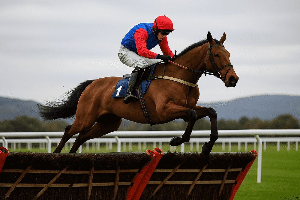 A bay racehorse jumping a hurdle at Cheltenham Showcase 2025, ridden by a jockey wearing red and blue silks during a National Hunt race