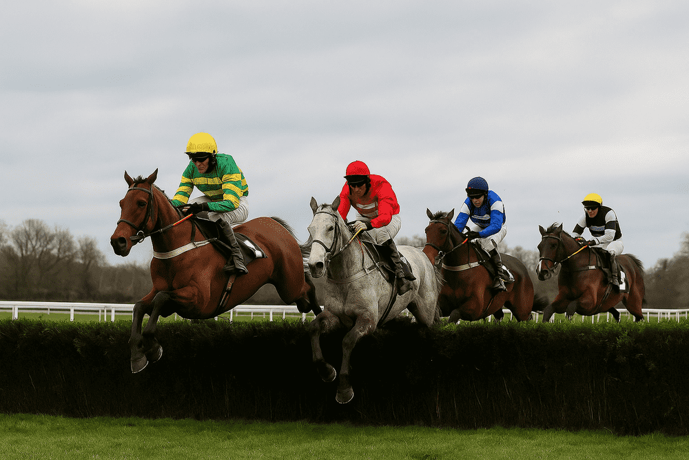 Racehorses jumping a fence during a British National Hunt chase, featured in Inside The Paddock’s Venetia Williams Horses to Follow 2025–26 article.