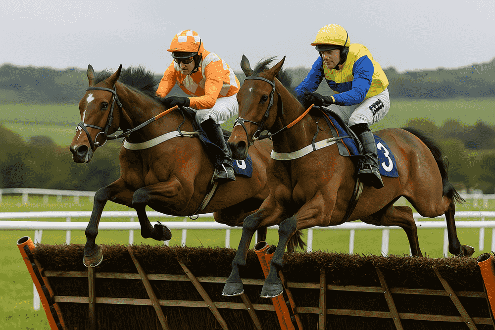 Two racehorses jumping side by side during the Welsh Champion Hurdle 2025 at Chepstow Racecourse, showing close competition over hurdles