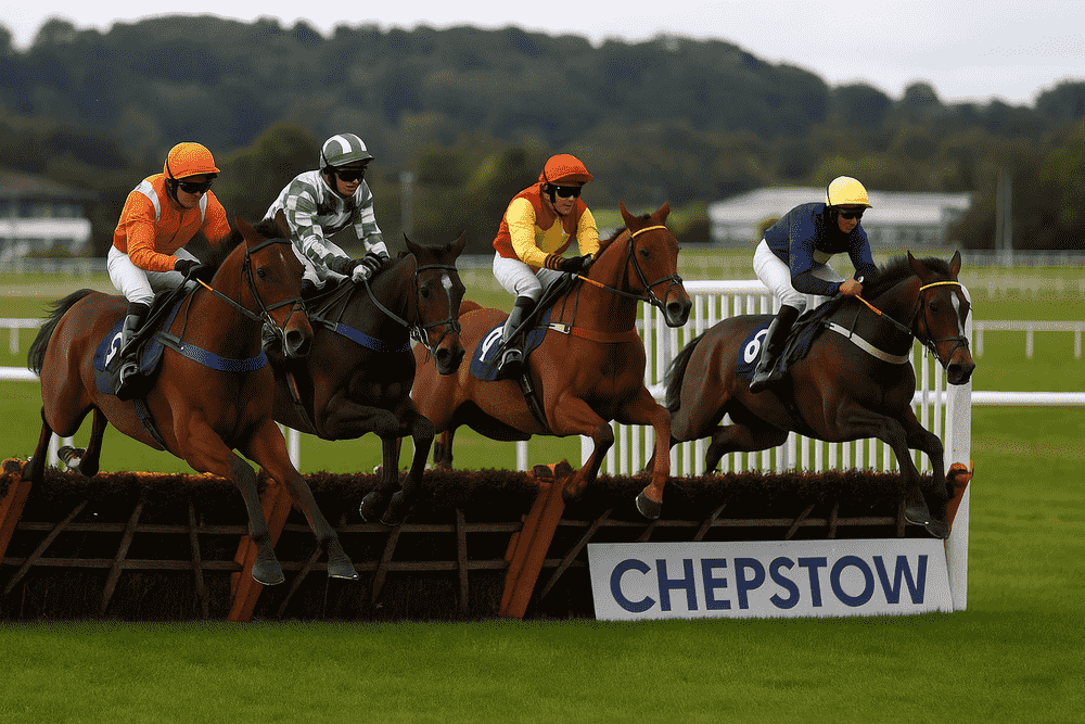 Horses jumping a hurdle at Chepstow Racecourse during the Welsh Champion Hurdle 2025, National Hunt meeting in Wales
