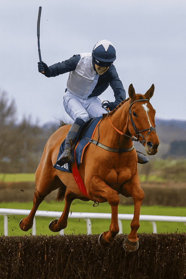 Rachael Blackmore riding a Henry de Bromhead-trained horse in pink and black silks, captured mid-air while jumping a fence during a National Hunt race.