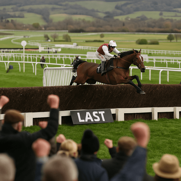 A racehorse jumps the final obstacle at Cheltenham Racecourse as the crowd cheers from the grandstand, capturing the tension and excitement of the closing moments in top-level jump racing