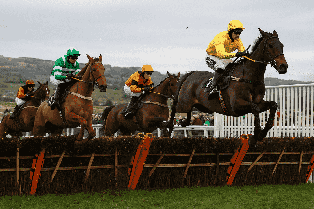 Racehorses jumping a fence during a Cheltenham steeplechase, capturing the power, skill and intensity of Britain’s top jumps racing event