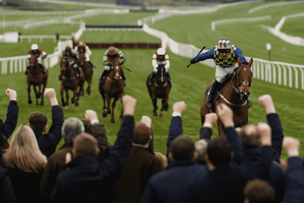 Horses sprinting up the Cheltenham hill towards the finish line as the crowd raises their arms in excitement, capturing the thrill and energy of jump racing’s most iconic moment