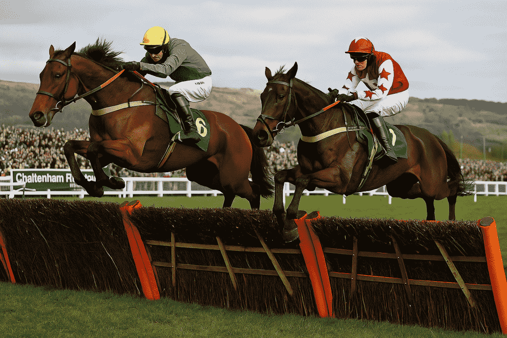 Two racehorses clearing a hurdle at Cheltenham Racecourse, highlighting power, timing and precision in British National Hunt racing
