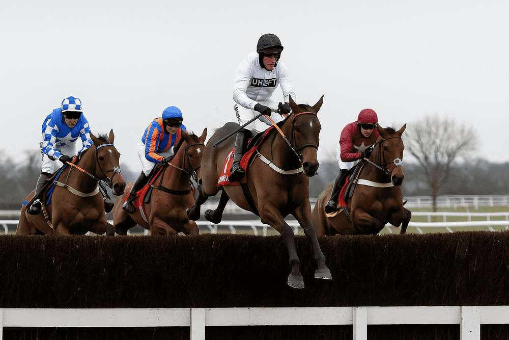 Several racehorses jumping a hurdle during a National Hunt race, with one jockey in white silks leading the field, representing Constitution Hill’s comeback atmosphere