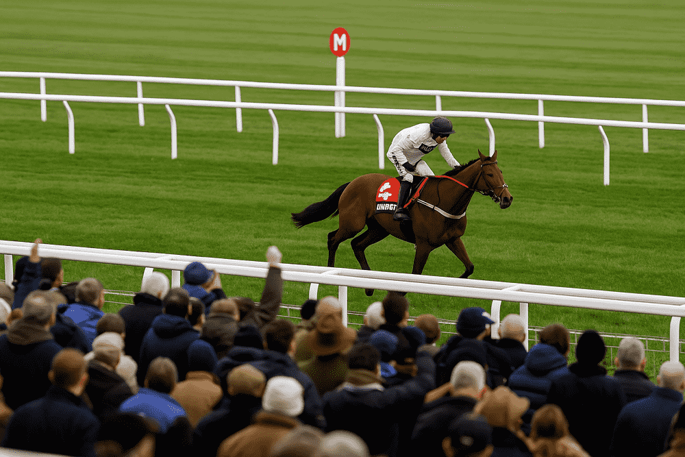 Constitution Hill-style racehorse approaching the finish line, viewed from the grandstand, with jockey in white silks during a National Hunt race