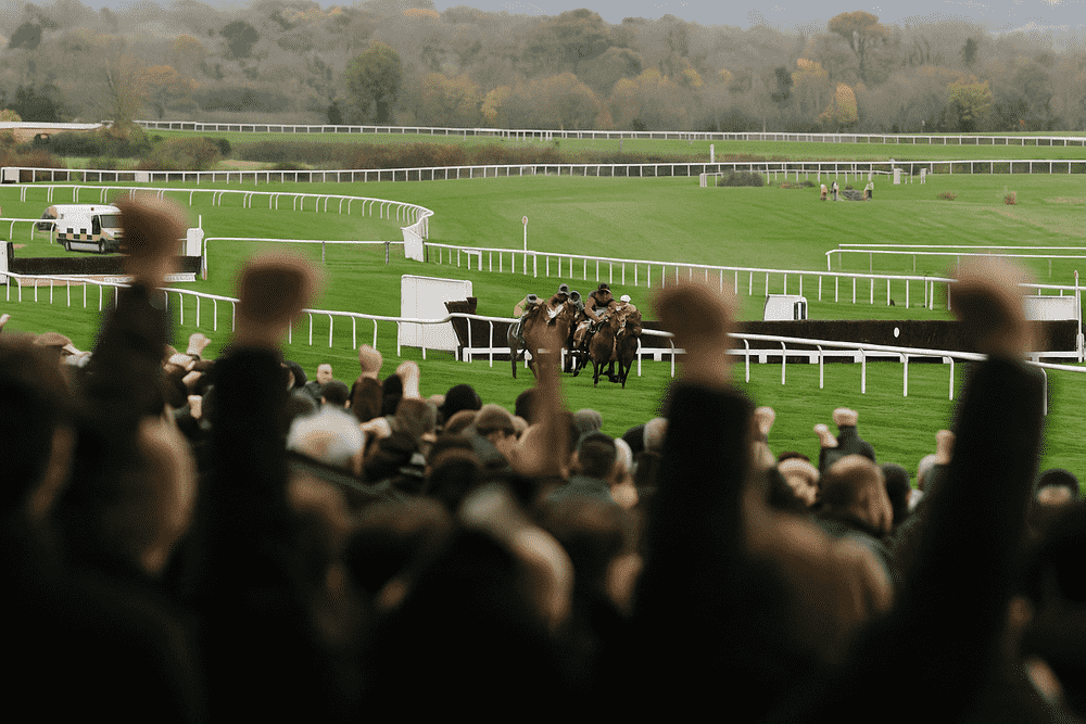 A wide view from the grandstand of a National Hunt jumps race, with fans cheering and raising their arms as horses race over fences during the 2025/2026 Lucinda Russell season.