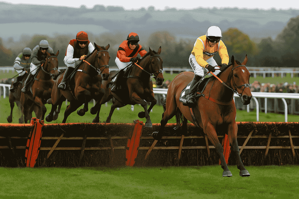 A National Hunt jumps race featuring several horses clearing a hurdle together, showcasing the excitement and energy of Lucinda Russell’s horses to follow during the 2025/2026 season.