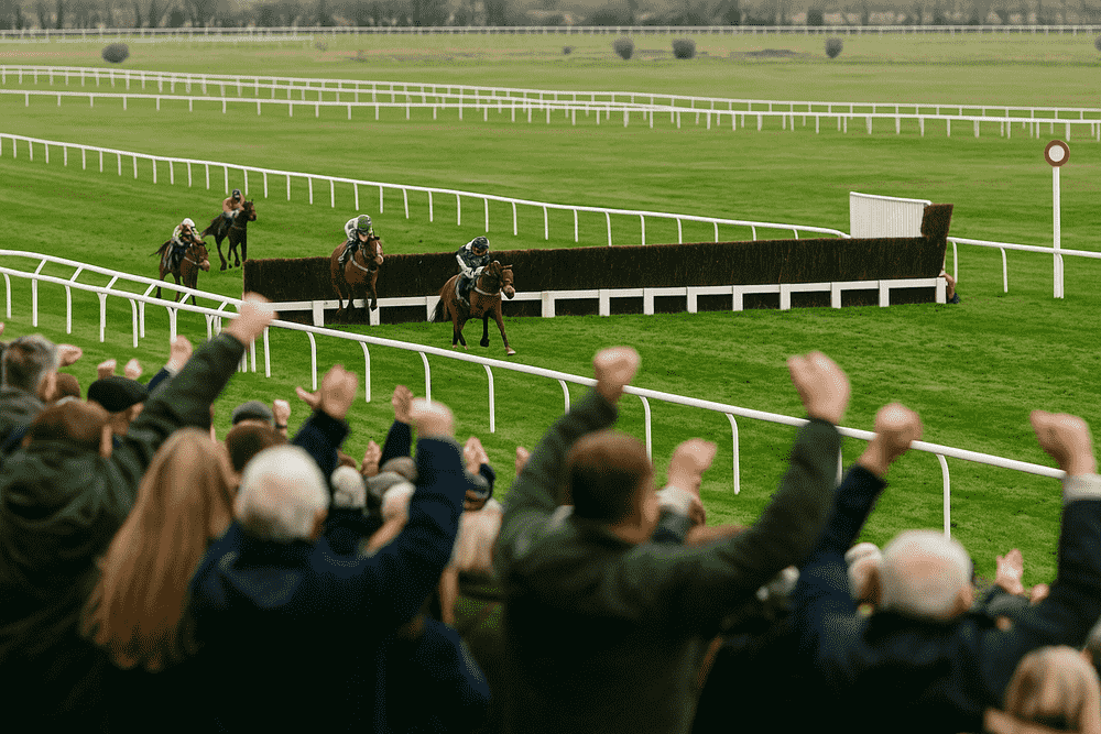 Spectators cheering as racehorses approach the finish line in a British National Hunt race, featured in Inside The Paddock’s Venetia Williams Horses to Follow 2025–26 guide.