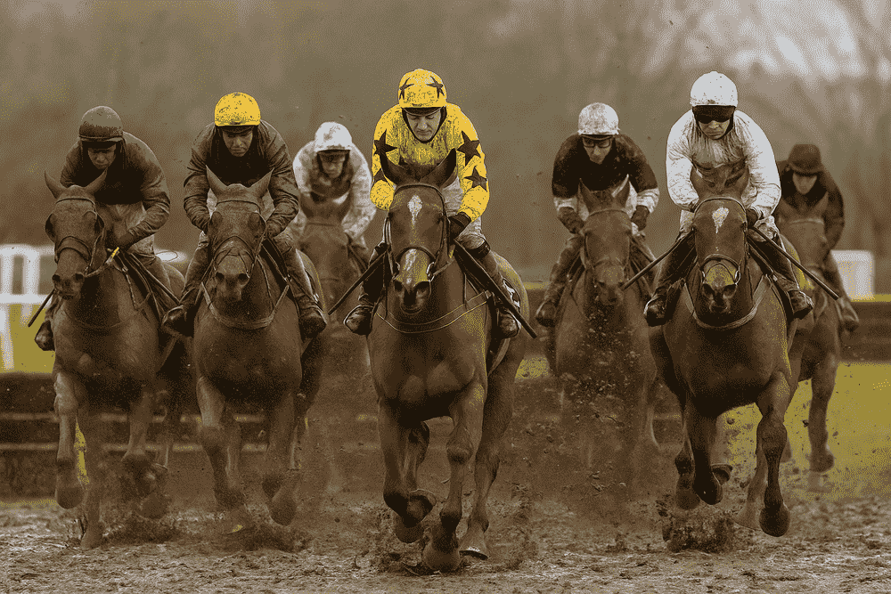 Racehorses and jockeys charging through muddy ground during a National Hunt steeplechase, showcasing soft-ground specialists in action under wet winter conditions.