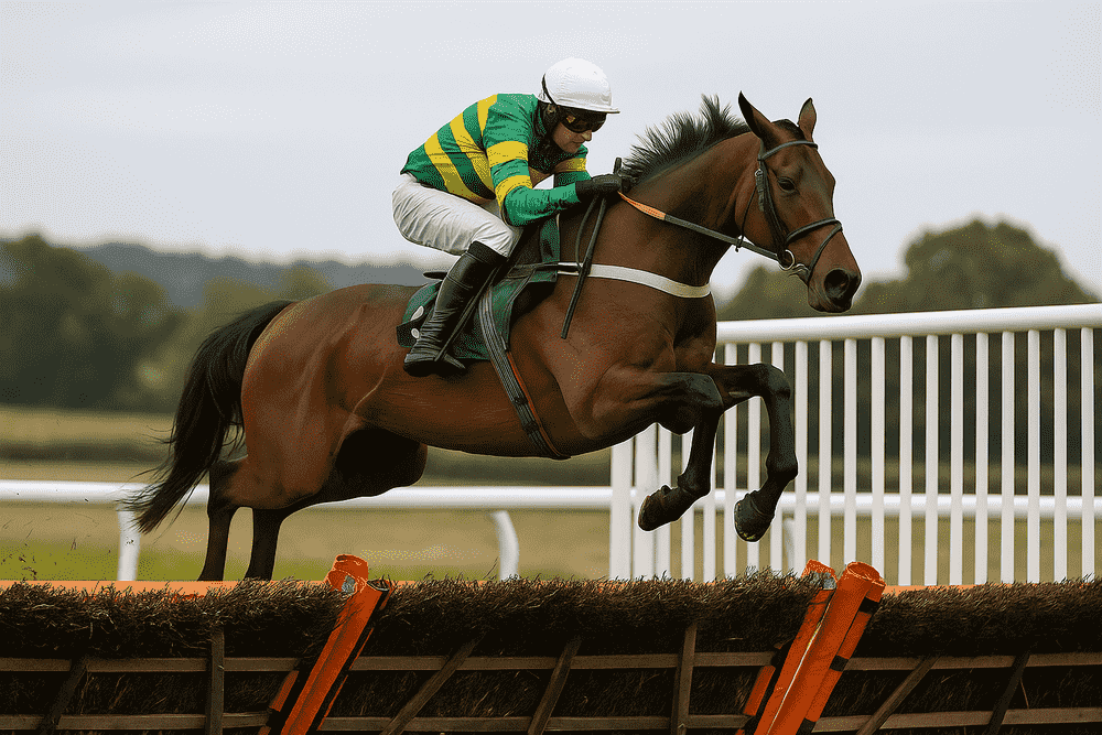 A racehorse clearing a hurdle during a British National Hunt race, featured in Inside The Paddock’s Venetia Williams Horses to Follow 2025–26 guide.