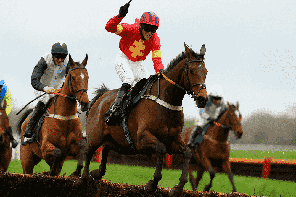 Three National Hunt horses and their jockeys jumping a fence on muddy ground, with the lead rider in red and yellow silks celebrating during a soft-ground steeplechase race.