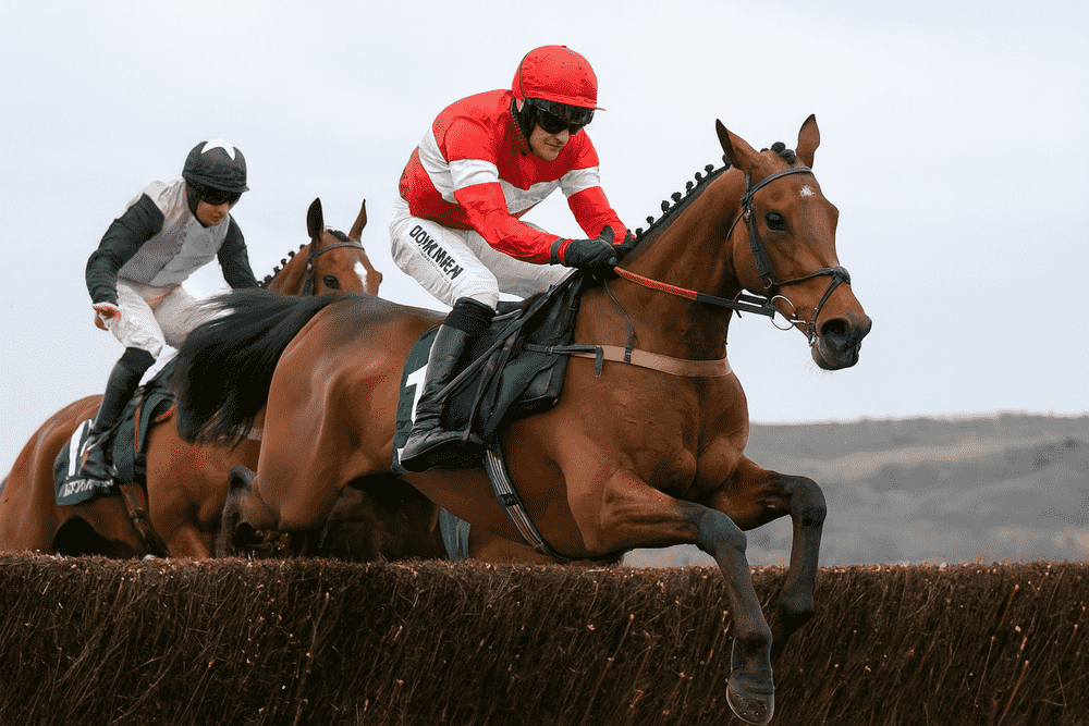 Two racehorses and their jockeys jumping a fence during a National Hunt steeplechase, featuring one rider in red silks and another in pink and black, racing over soft muddy ground.