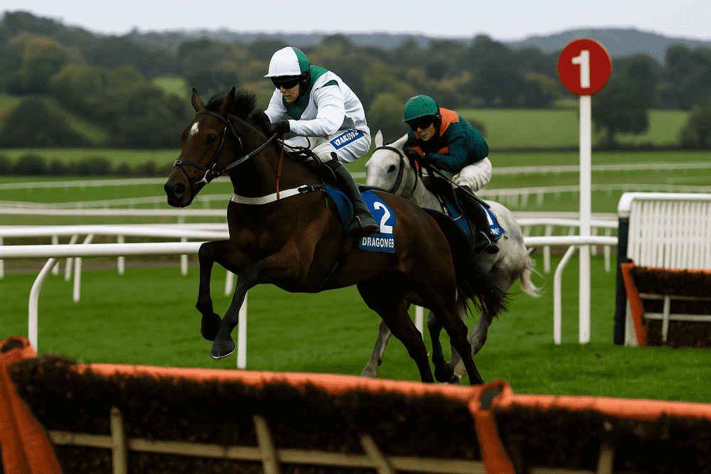 Racehorse crossing the finish line ahead of a rival at the Welsh Champion Hurdle 2025 in Chepstow, showing the thrilling close finish typical of National Hunt racing