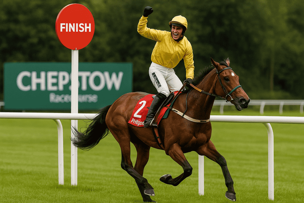 Winning jockey celebrating after crossing the finish line at the Welsh Champion Hurdle 2025 in Chepstow, raising his arm in victory on a National Hunt racehorse